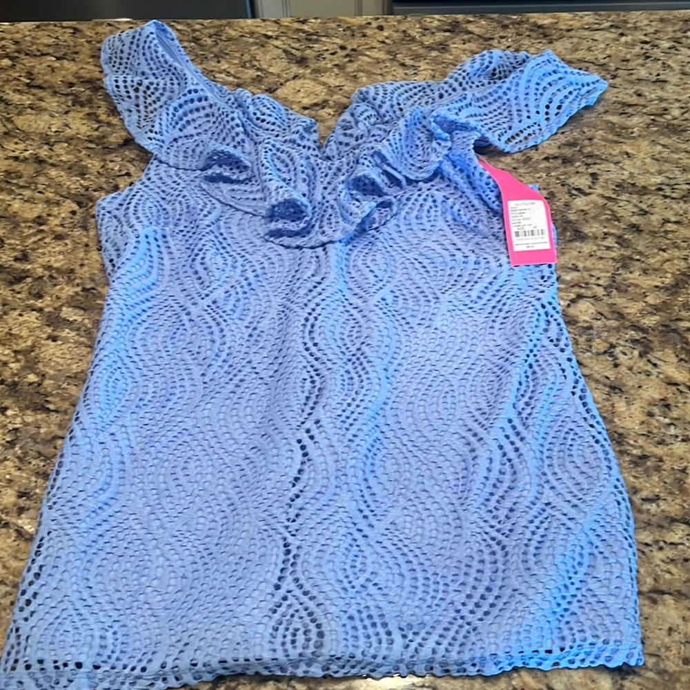 New Lilly Pulitzer Blue Peri Flowing Leaf Alessa Tank Top XS Ruffle V-Neck - Picture 2 of 3